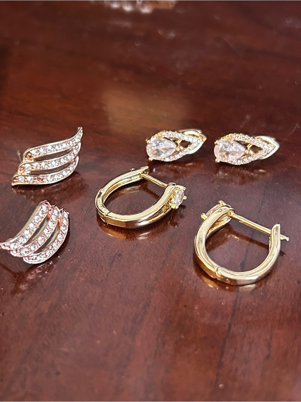 3 pair of Gold Tone Crystal Hoop and Teardrop Stud Earring Set - Gold